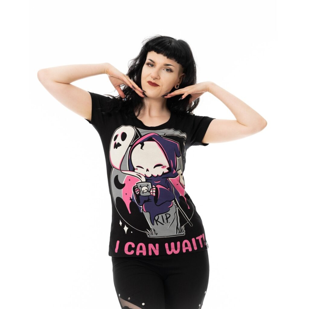 cupcake cult “i can wait!” grim reaper graphic t shirt – black ladies 100% cotton