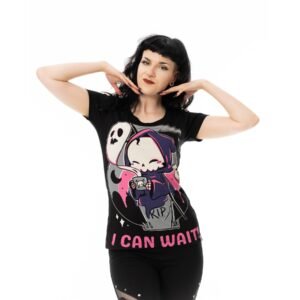 cupcake cult “i can wait!” grim reaper graphic t shirt – black ladies 100% cotton